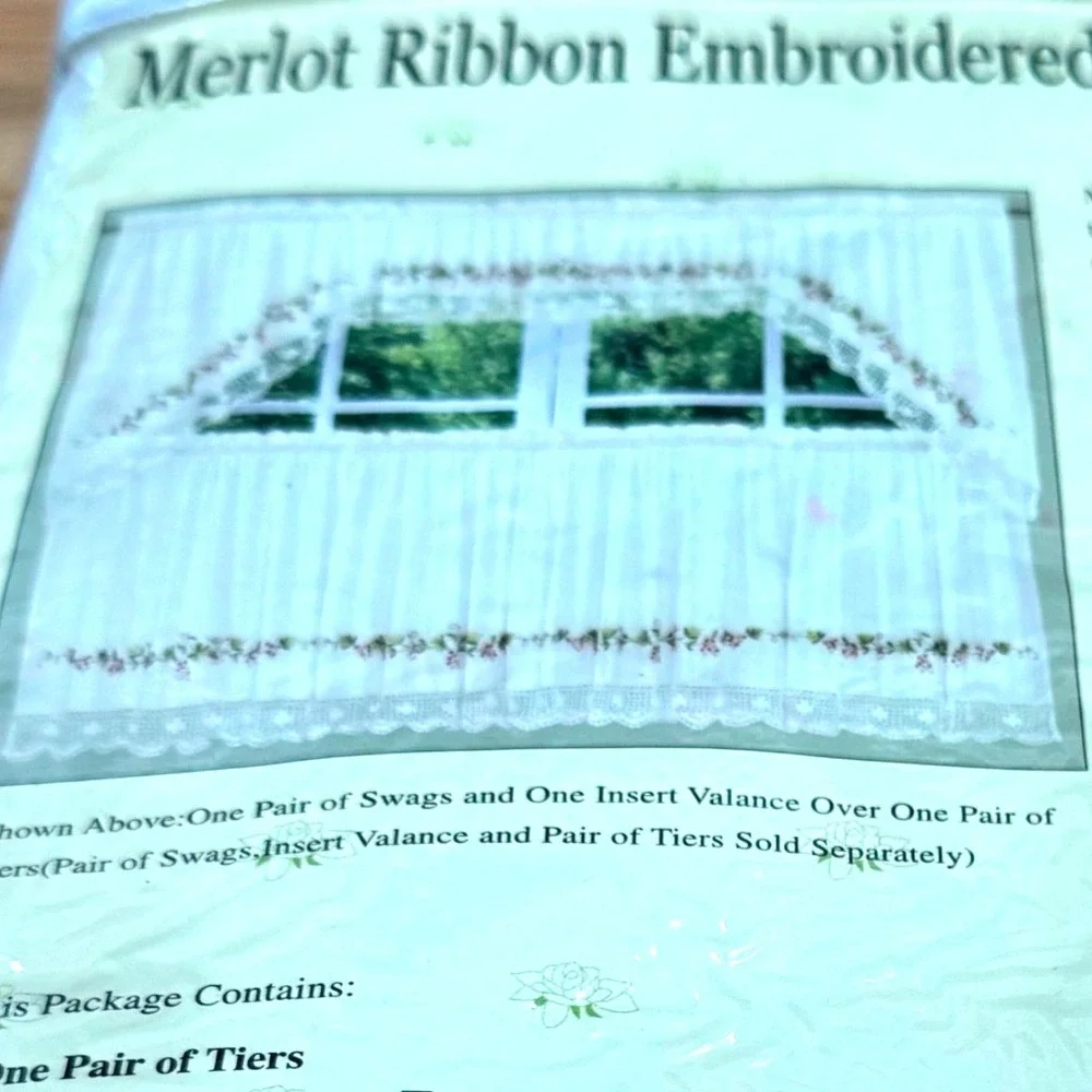 Canjoy Trading Merlot Ribbon Embroidered‎ Tier Curtains Ivory 60x24 Floral Lace